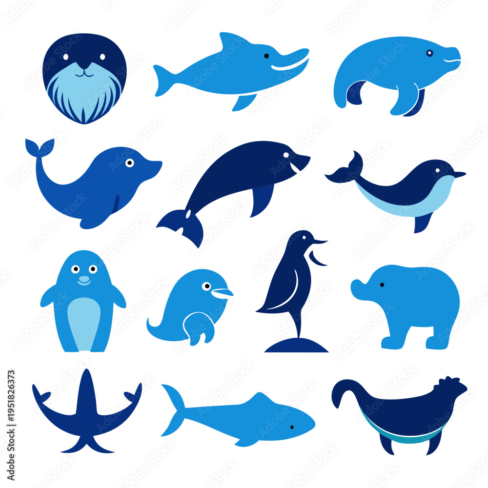 Fototapeta premium Blue animal vector illustration of marine and bird life