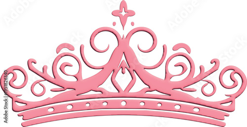 An ornate pink tiara with smooth glossy shading and intricate swirling filigree details is centered