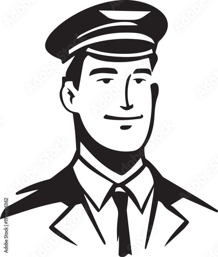 Hand Drawn Male Pilot Black and White Avatar Illustration in Minimal Line Art Style Design
