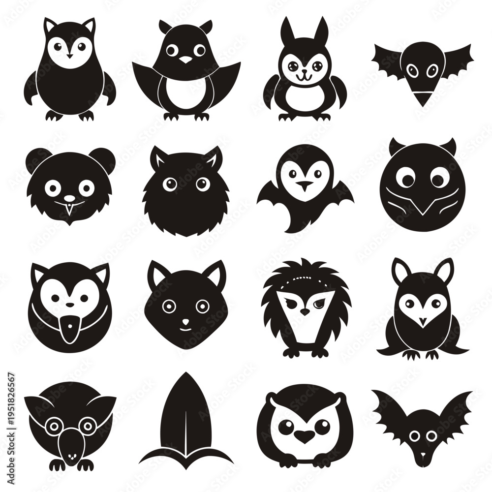 Fototapeta premium Monochrome Animal Icons in Flat Vector Style Collection