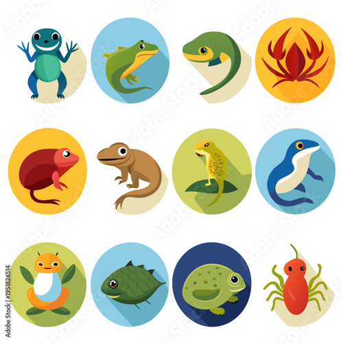 Colorful flat icons of different animal species and classes