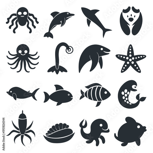 Stylized black and white sea animal icon set