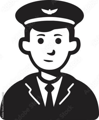 Hand Drawn Male Pilot Black and White Avatar Illustration in Minimal Line Art Style Design