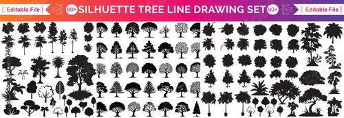 silhouette tree line drawing set, Side view, set of graphics trees elements outline symbol for architecture and landscape design drawing. Vector illustration in stroke fill in white. Tropical