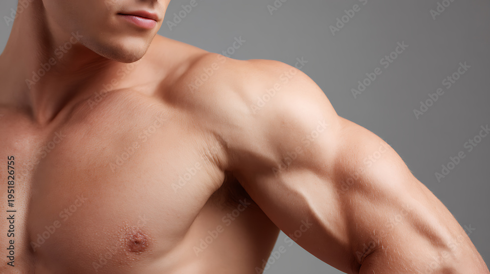 Obraz premium Close-up of a muscular man's shoulder, bicep, and chest on a gray background, showcasing strength, fitness, and a well-defined physique