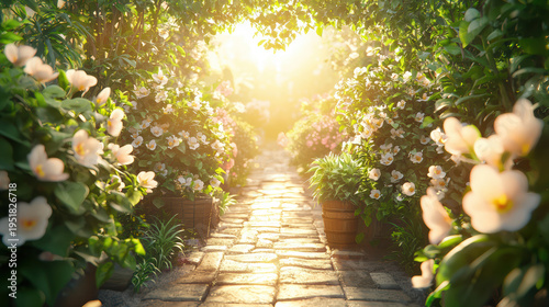 A serene garden path lined with blooming flowers leads to a bright, sunlit opening, creating a peaceful and inviting atmosphere for a leisurely stroll outdoors.