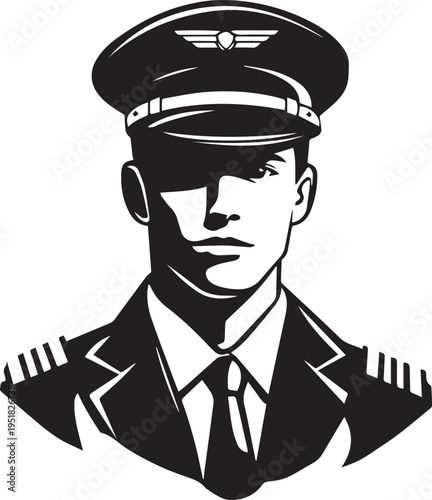Hand Drawn Male Pilot Black and White Avatar Illustration in Minimal Line Art Style Design