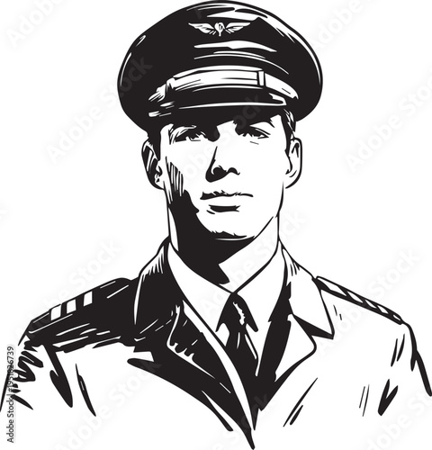 Hand Drawn Male Pilot Black and White Avatar Illustration in Minimal Line Art Style Design