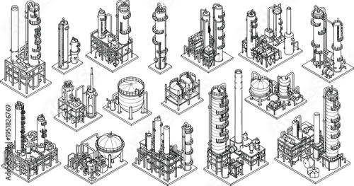 Isometric industrial refinery equipment vector illustration set, petrochemical processing units, oil and gas plant machinery, chemical factory infrastructure engineering icons