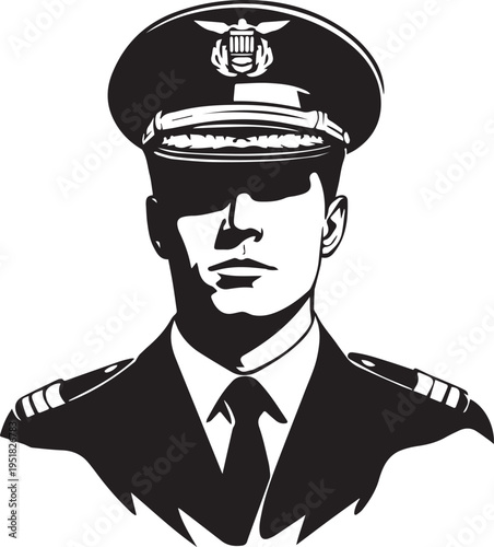 Hand Drawn Male Pilot Black and White Avatar Illustration in Minimal Line Art Style Design