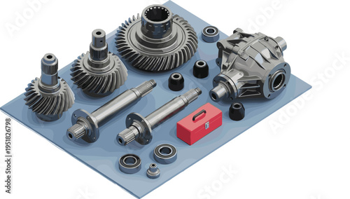 Isometric mechanical transmission parts set, gears, shafts, bearings, and differential gearbox components for automotive engineering and industrial machinery vector illustration
