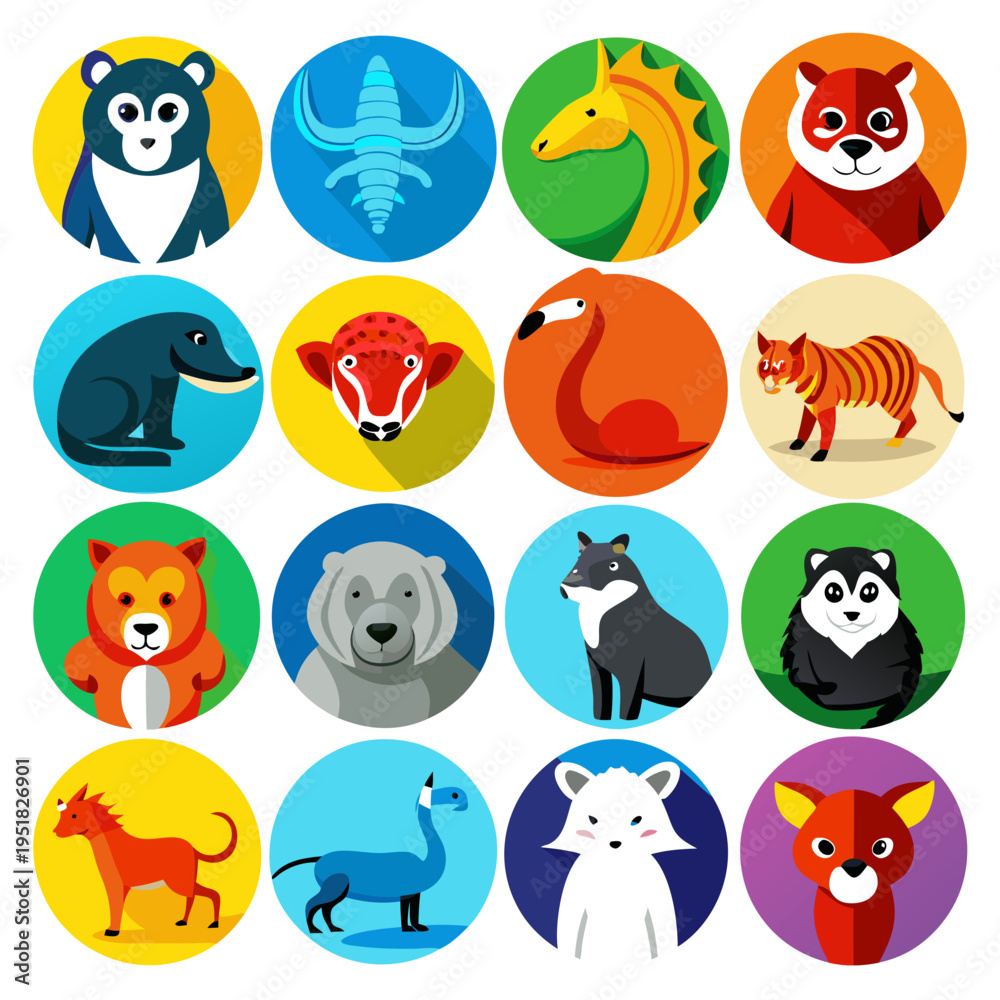 Obraz premium Flat design animal avatars collection in colorful circle shapes