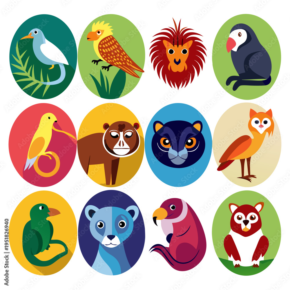 Obraz premium Collection of colorful animal illustrations set in oval frames