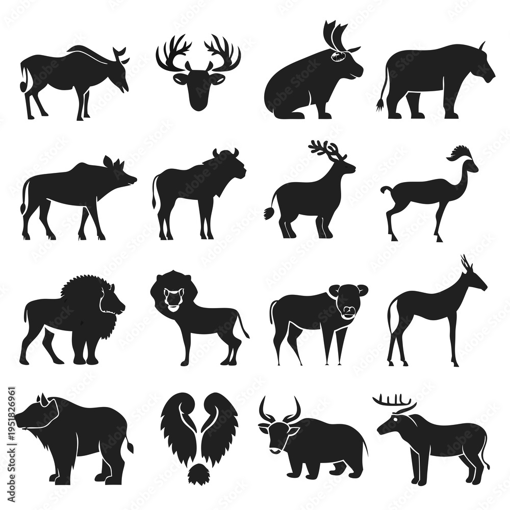 Fototapeta premium Silhouetted animals collection depicting wildlife species in flat style