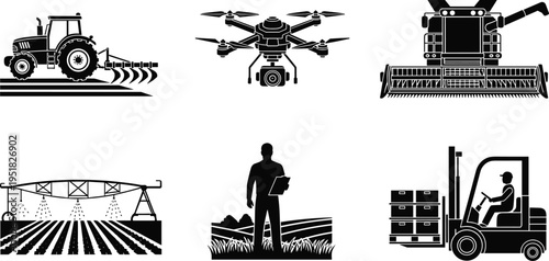 Modern agriculture technology vector illustration set, tractor plowing field, crop spraying system, farming drone, combine harvester, agricultural machinery silhouettes collection