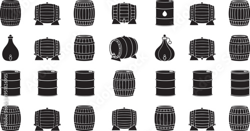 Collection of Traditional Barrels in Various Designs on a White Background