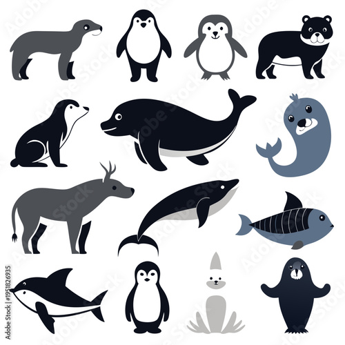 Flat vector illustration with antarctic animals on white background
