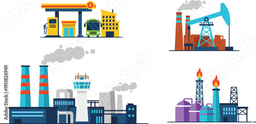 Oil and gas industry facilities vector illustration, refinery plant, fuel station, pumpjack drilling rig, petrochemical factory infrastructure, energy production icons set