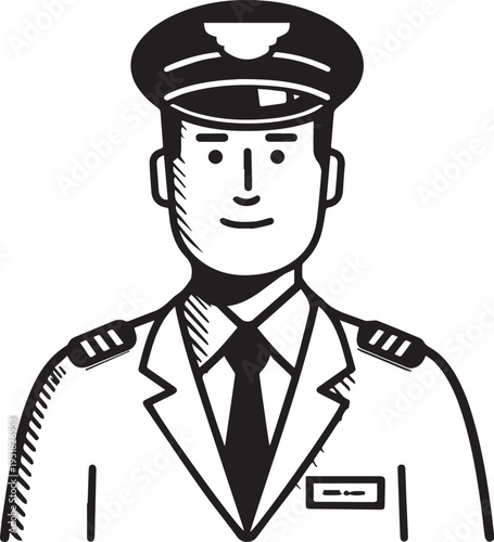 Hand Drawn Male Pilot Black and White Avatar Illustration in Minimal Line Art Style Design