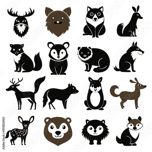 Stylized animals icon set in flat design style