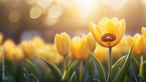A vibrant yellow tulip blooms gracefully in a field of similar flowers, bathed in the warm, golden light of the sun, creating a serene and beautiful scene outside.