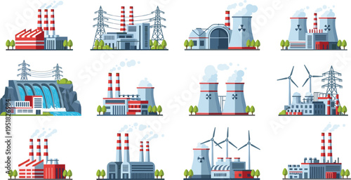 Power plant energy production vector illustration set, nuclear station, hydroelectric dam, wind turbines, thermal power factory, electricity generation infrastructure icons