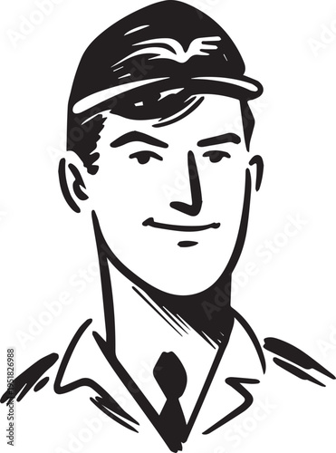 Hand Drawn Male Pilot Black and White Avatar Illustration in Minimal Line Art Style Design