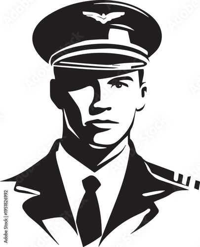 Hand Drawn Male Pilot Black and White Avatar Illustration in Minimal Line Art Style Design