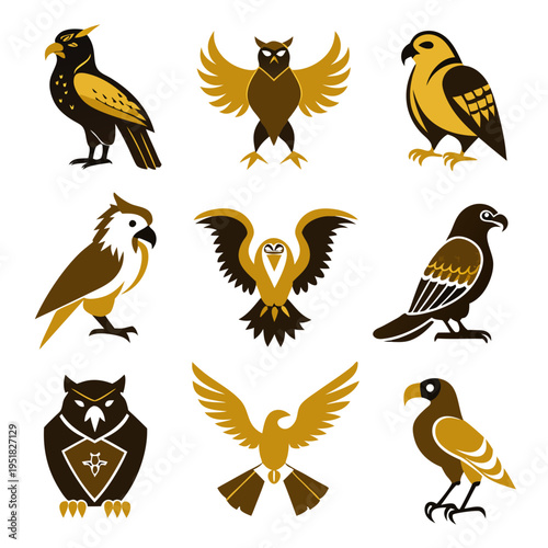 Nine stylized birds of prey vector graphic collection