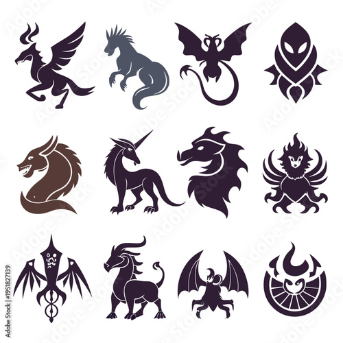 Collection of symbolic fantasy creatures and mythical beasts