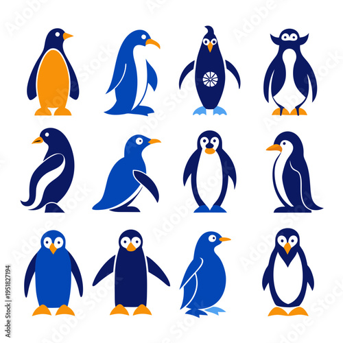 Twelve cartoon penguins in blue and orange variations standing