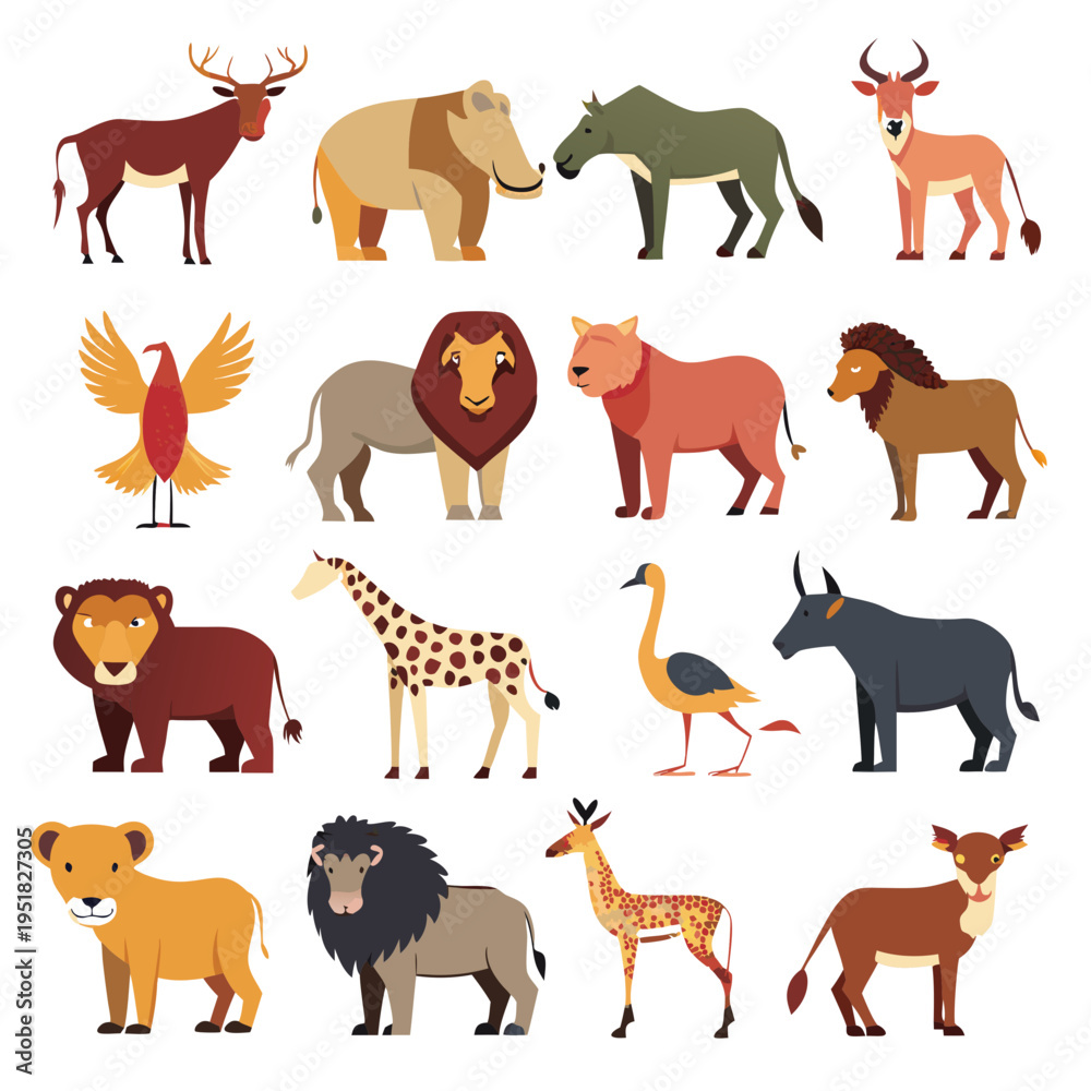 Fototapeta premium Cartoon savanna animal collection flat design style on white
