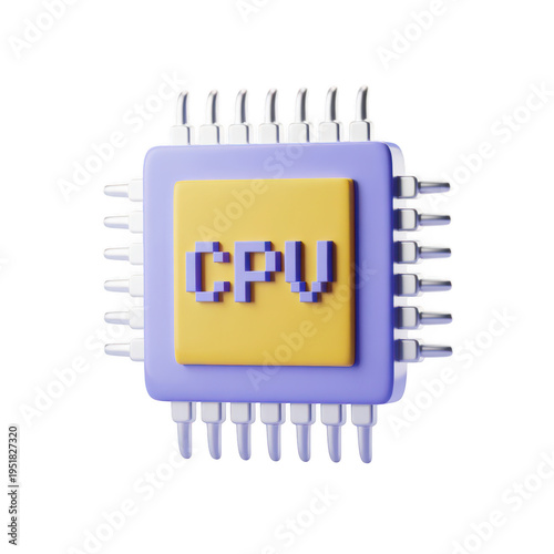 Central processing unit CPU computer hardware component  electronic device with pins and yellow core transparent background