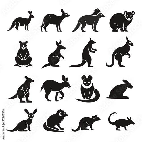 Black silhouette set of various mammals on white background
