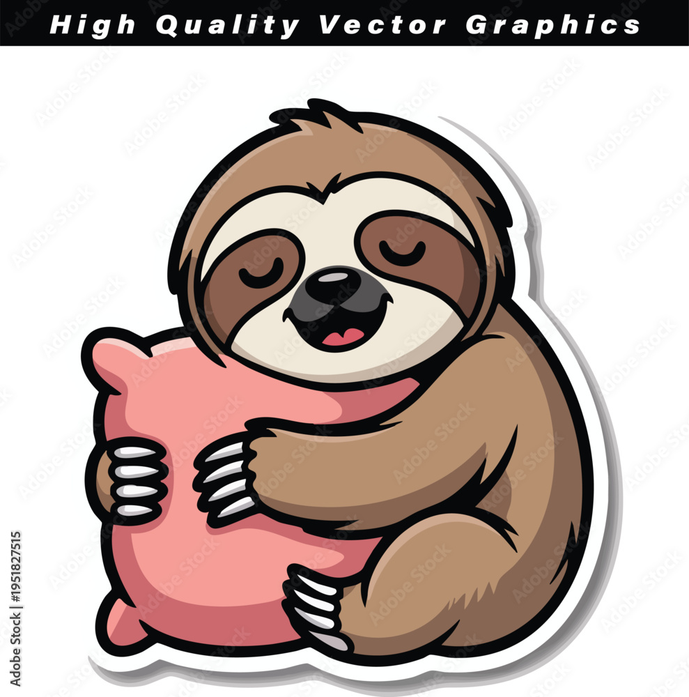 Obraz premium Cartoon sloth character hugging a pink pillow tightly while displaying a joyful, open-mouthed expression, suitable for sticker design.