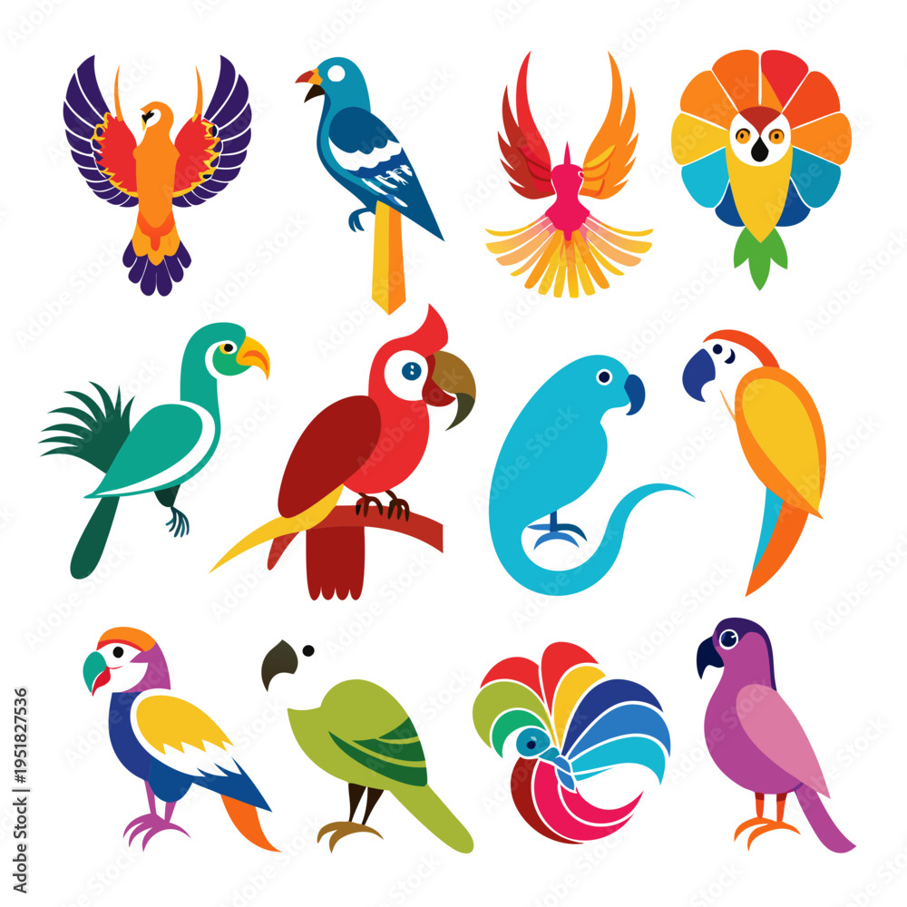 Fototapeta premium Colorful Exotic Birds Collection on White Background Flat Vector