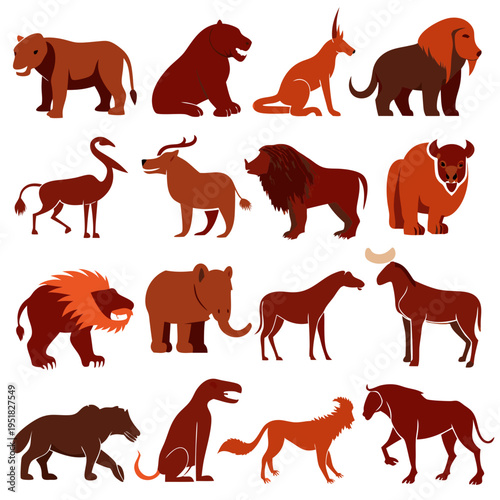 Flat Design Illustration of Various Wild Animals in Brown