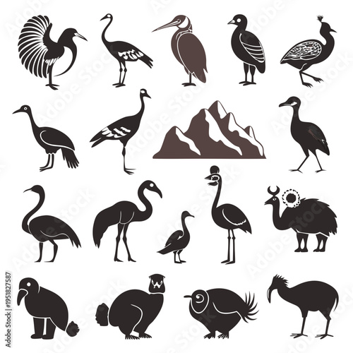 Stylized silhouettes of various bird species with mountain backdrop