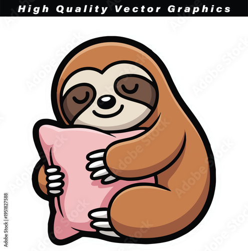 Sloth cartoon character sweetly hugging a pink pillow while appearing to be very sleepy or content on a white background.