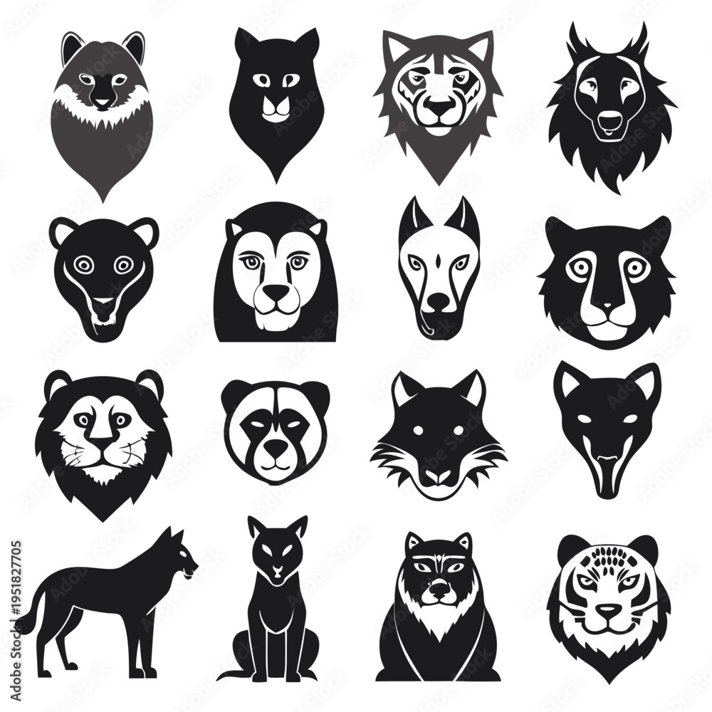 Fototapeta premium Black and White Animal Icons Vector Design Collection