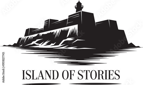 Medieval Fortress Castle on an Island Silhouette Graphic Vector with Island of Stories Wording