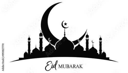Mosque skyline silhouette with big crescent moon for eid mubarak banner