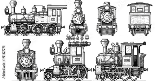 Vintage steam locomotive train vector illustration set, classic railway engine silhouettes, retro transportation machinery, historic rail transport icons collection