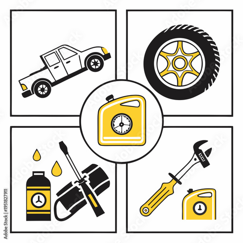 Automotive service icons set with vehicles, tires, oil, and tools for mechanics and auto shops