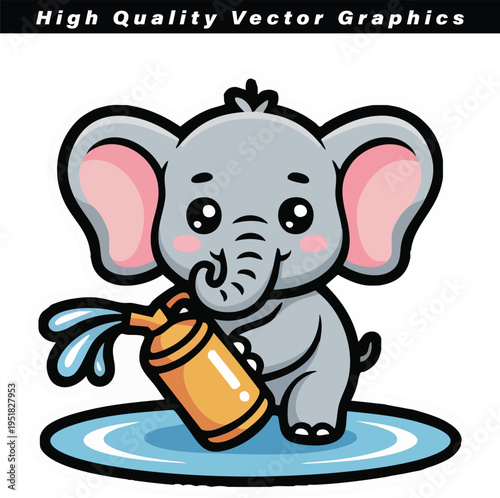 Adorable baby elephant character standing in a puddle while happily spraying water from a yellow watering can on a white backdrop.
