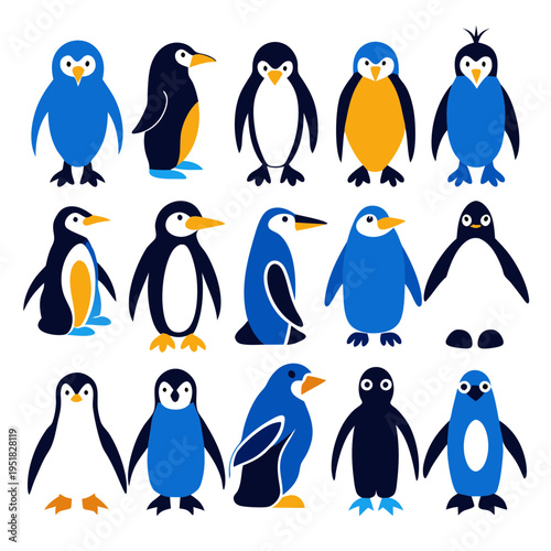 Colorful Penguin Grouping Flat Vector Illustration on White Background