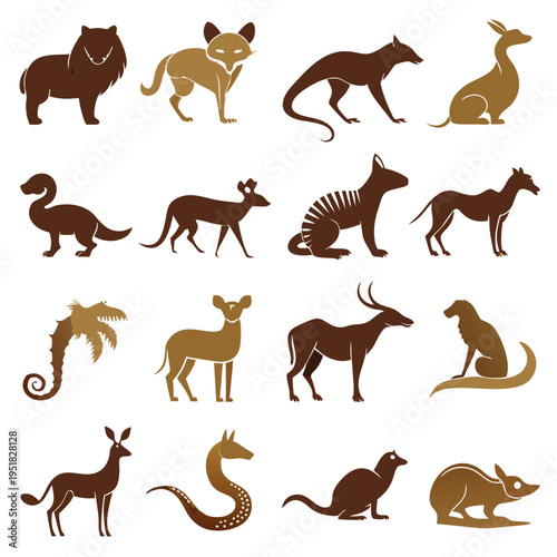 Collection of wild animal silhouettes in brown color palette