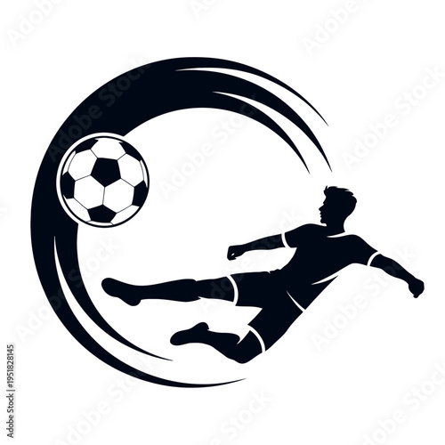 A stylized silhouette of a soccer player performing a kick, with a soccer ball in mid-air.