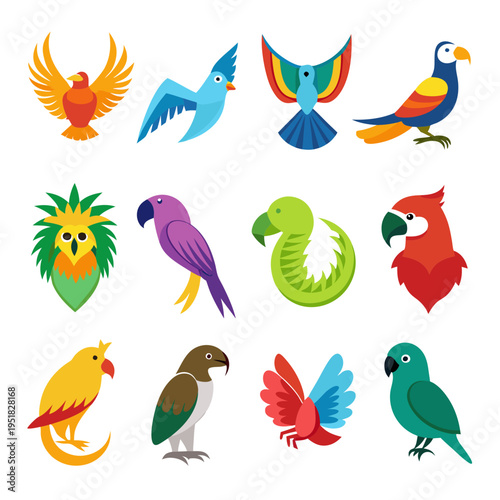 Collection of stylized colorful birds isolated on white background