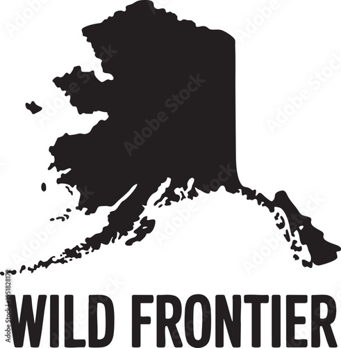 Dark Alaska State Map Silhouette Illustration with Wild Frontier Text for Adventure Graphic Art